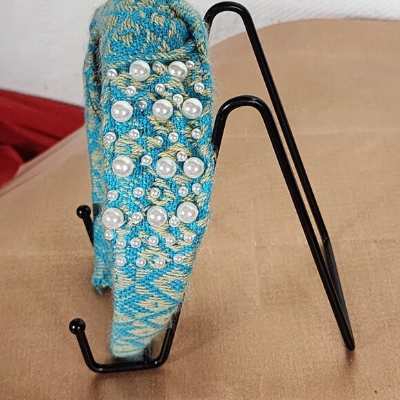 Handmade Poly Turquoise Sweater Material White Faux Pearl Embellished Headband - Picture 10 of 16
